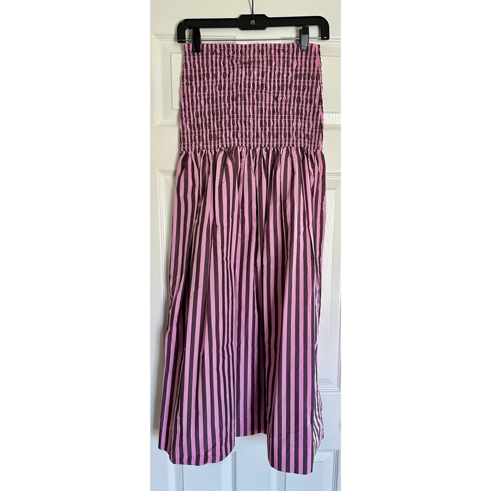 GANNI Pink Striped Cotton Smocked Waist Maxi Skirt
